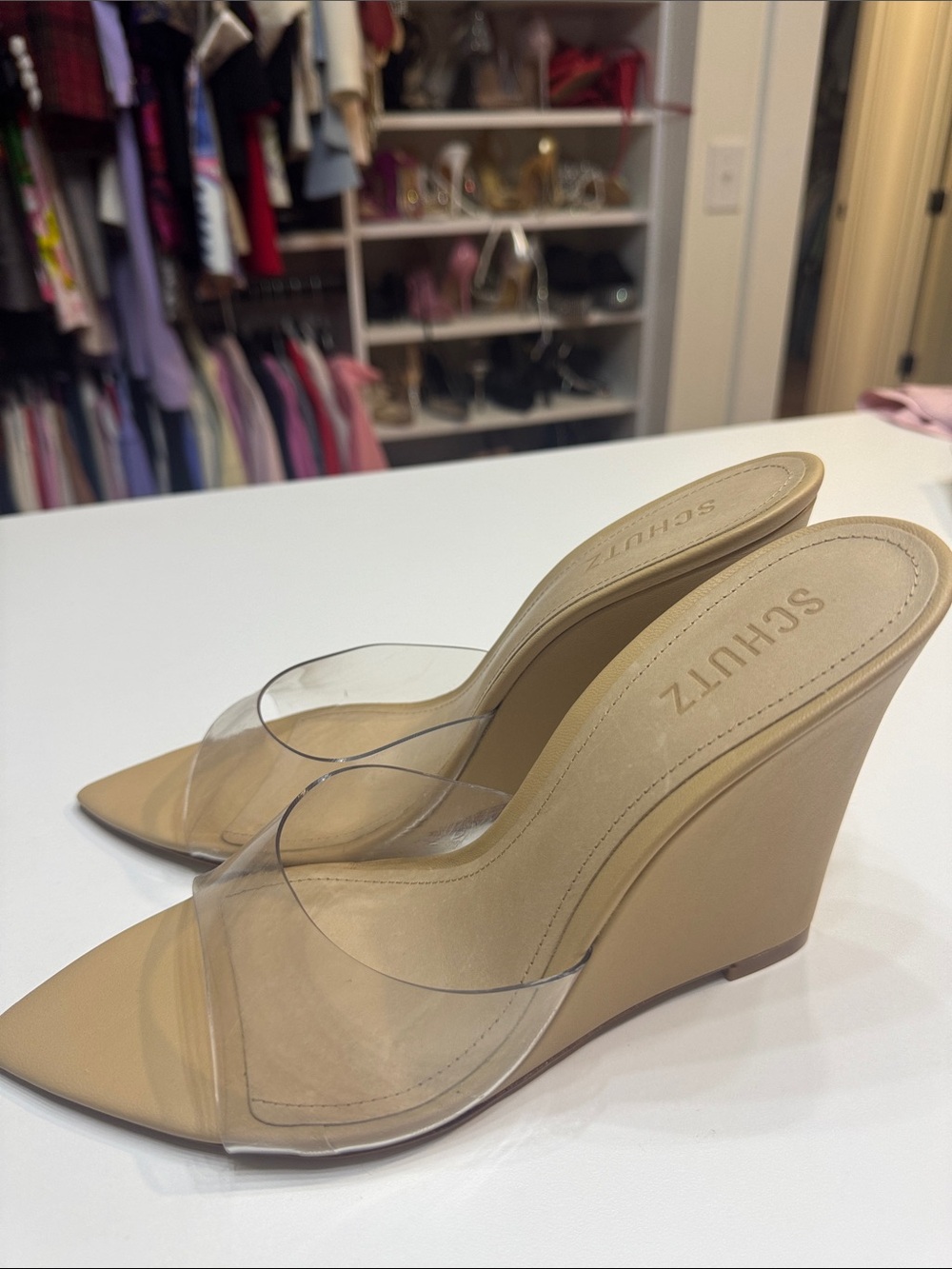 SCHUTZ Nude Clear Strap Pointed Wedge Sandals - Picture 3 of 3